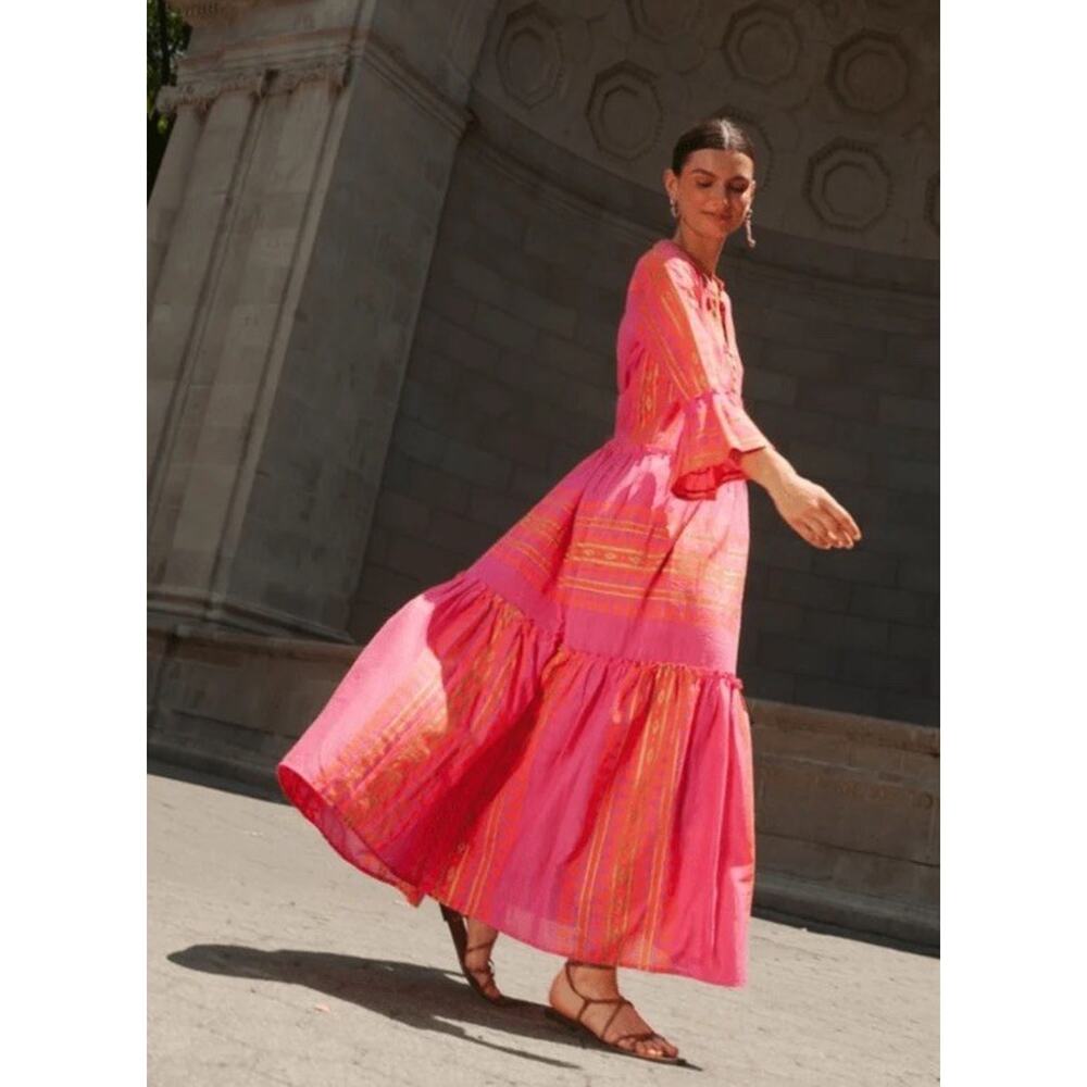 Guadalupe Designs‎ Pink Orange Block Print Tiered Cotton Maxi Dress NWT